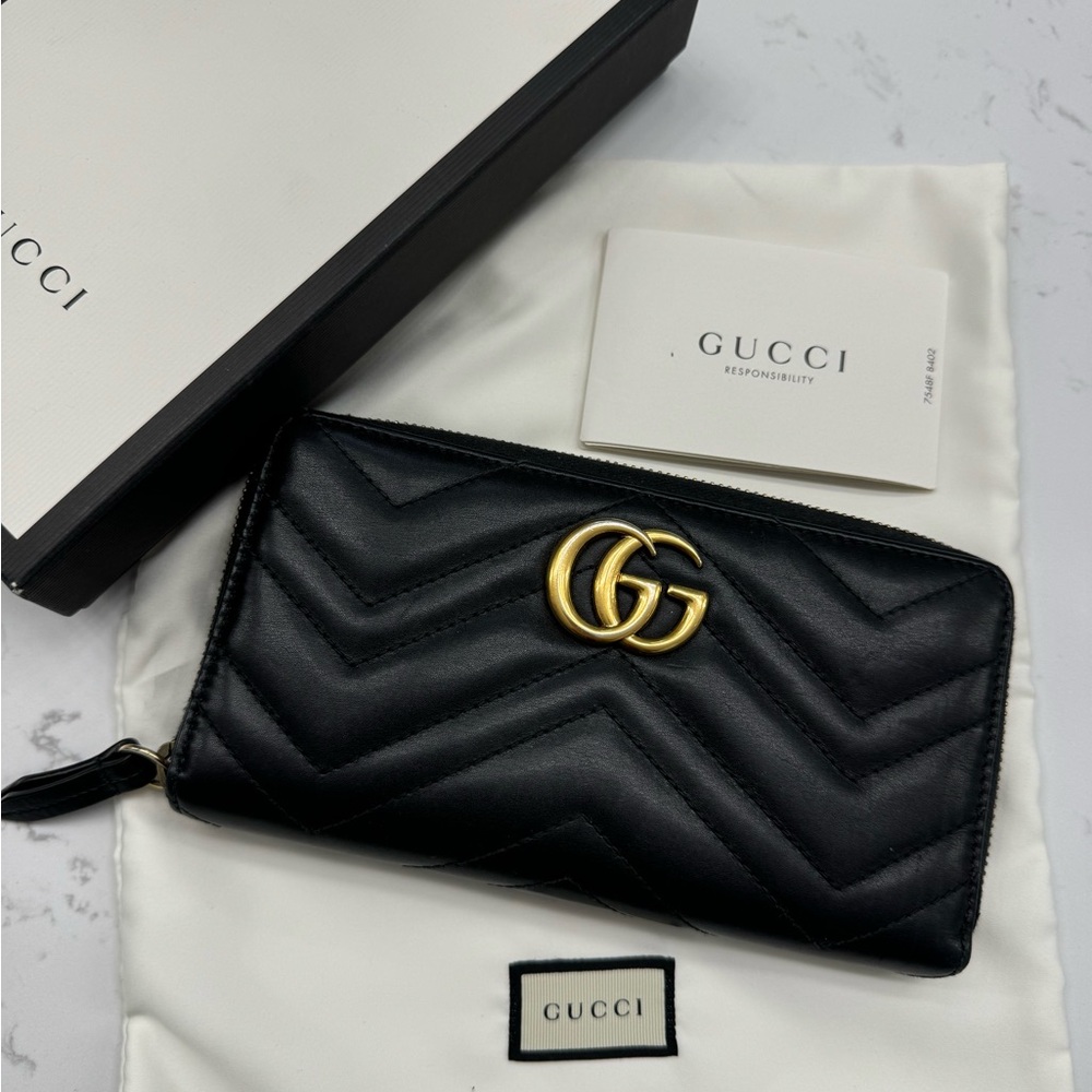 Gucci Calfskin Matelasse GG Marmont Zip Around Wallet Black